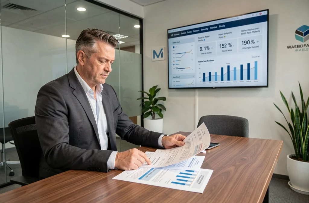 Agent immobilier senior analysant les tendances du marché immobilier 2024 sur écran numérique dans une agence moderne