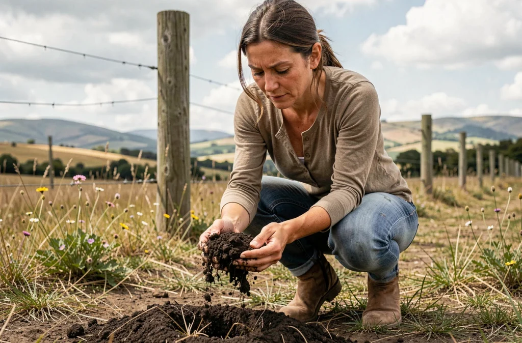 Une femme analyse la qualité du sol d'un terrain rural pour un projet de vie en autonomie