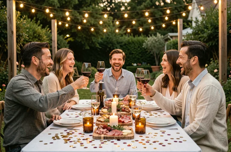 Groupe d'adultes fêtant un anniversaire autour d'une table décorée en plein air avec verres levés et ambiance festive