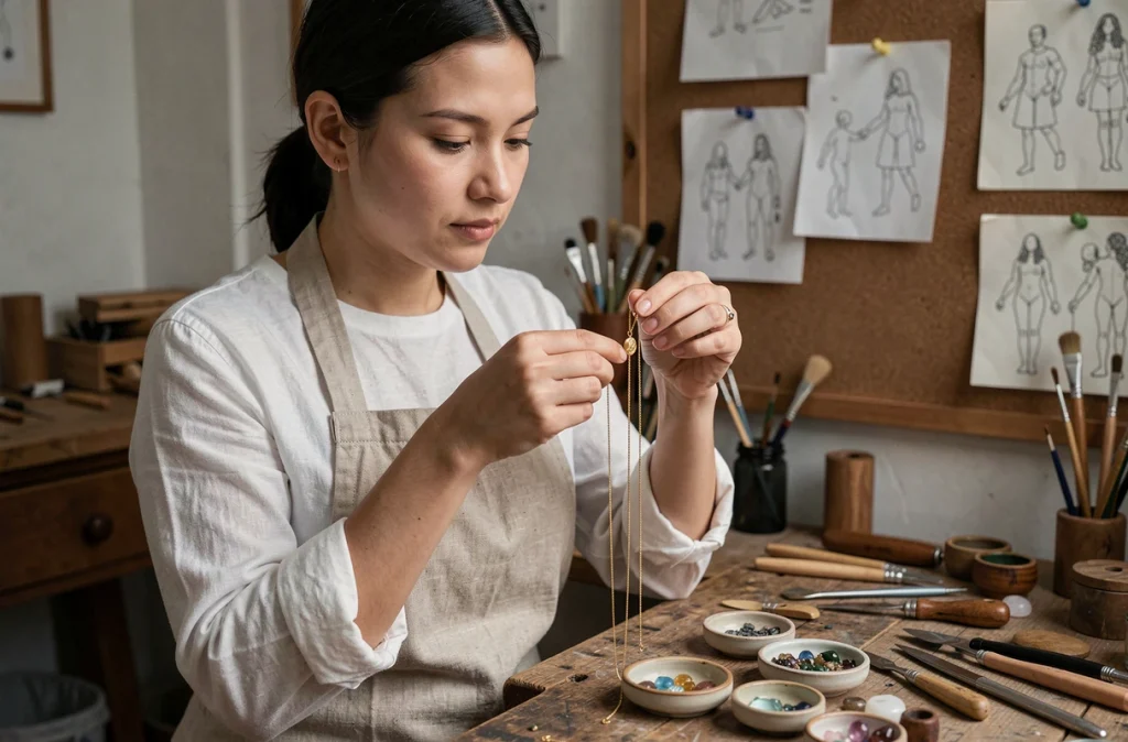 Artisane bijoutière de la boutique Baya tenant un pendentif en or dans son atelier de création à Bordeaux
