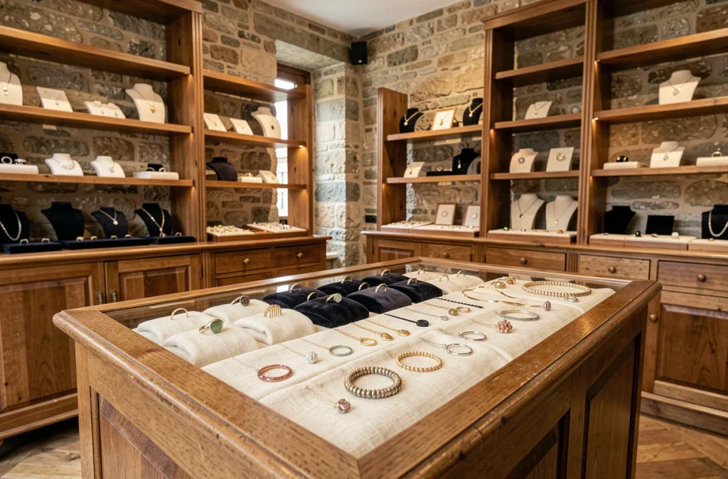 Intérieur raffiné de la boutique Baya à Bordeaux avec vitrines de bijoux artisanaux sur tissu crème et murs en pierre apparente
