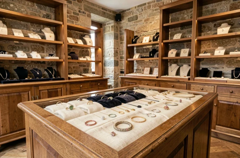 Intérieur raffiné de la boutique Baya à Bordeaux avec vitrines de bijoux artisanaux sur tissu crème et murs en pierre apparente