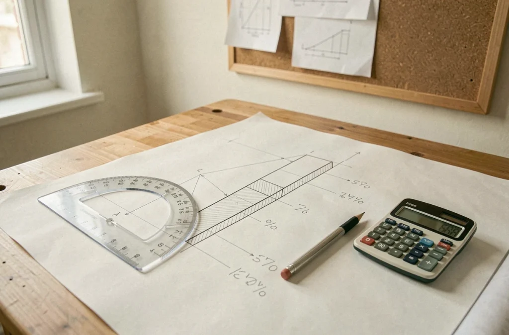 Plan technique de rampe avec annotations de pente en degrés et pourcentages sur table à dessin d'architecte