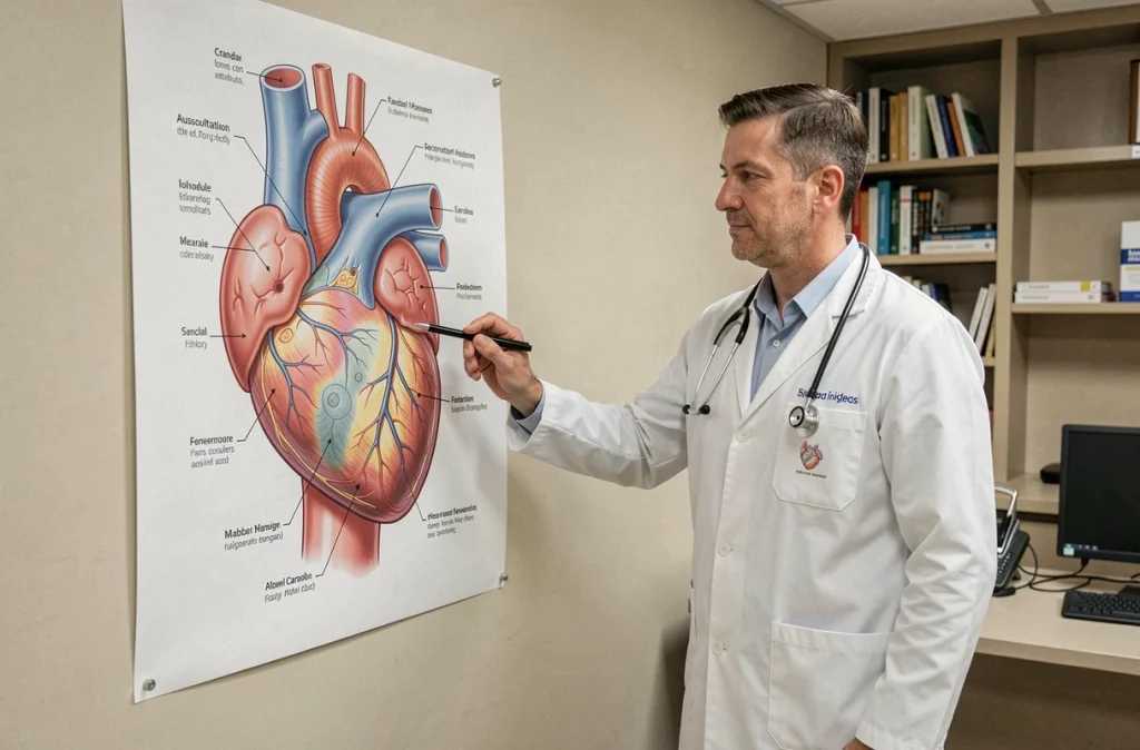 Cardiologue expliquant les quatre foyers d'auscultation cardiaque sur une affiche anatomique dans un cabinet médical