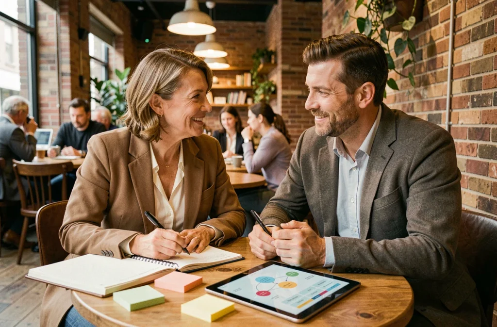 Deux collègues travaillant ensemble sur une stratégie de fidélisation client autour d'une carte du parcours client dans un café urbain