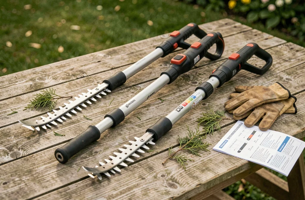 Comparaison de deux modèles de taille-haies télescopiques posés sur un établi en bois de jardin