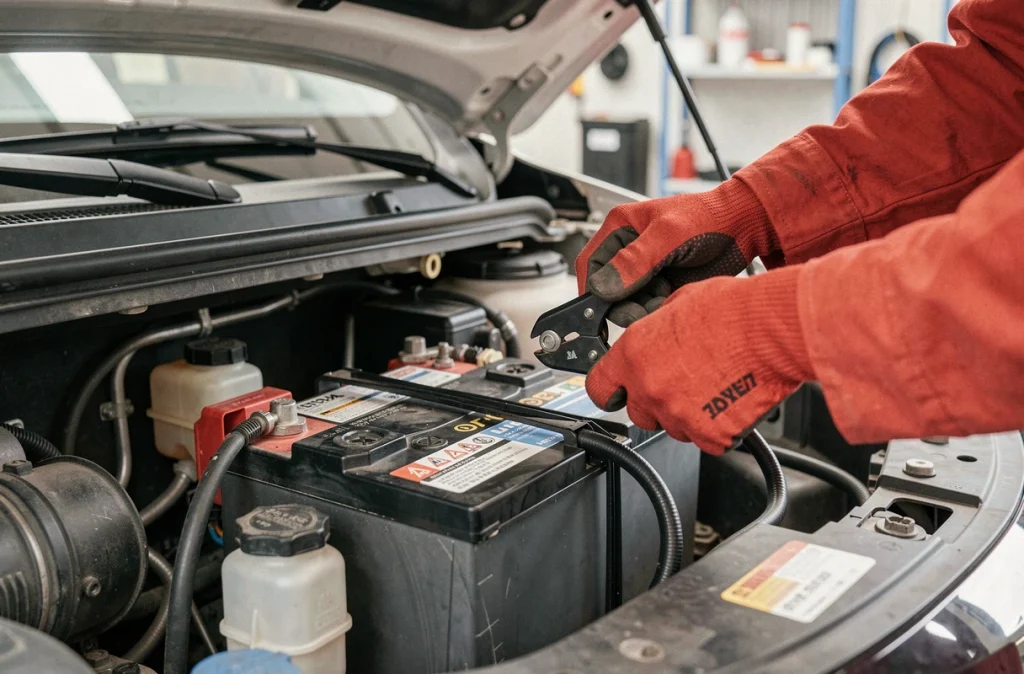 Gros plan sur la connexion de la borne négative d'une batterie de Dacia Jogger lors d'un remplacement à domicile