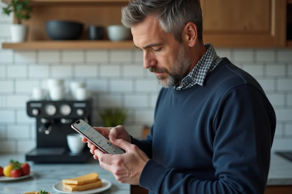 Homme consultant son compte de fidélité Merci Victor sur smartphone dans une cuisine moderne