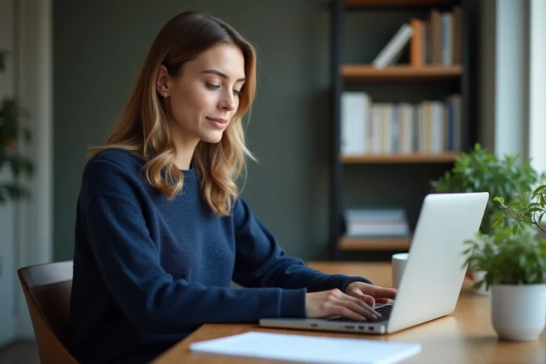 Femme consultant sa messagerie sur un ordinateur portable pour contacter Cetelem par email au sujet d'un crédit
