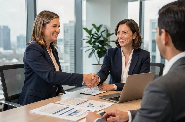 Femme professionnelle concluant un accord commercial avec un client dans une salle de réunion moderne, symbolisant la conversion de leads en clients fidèles