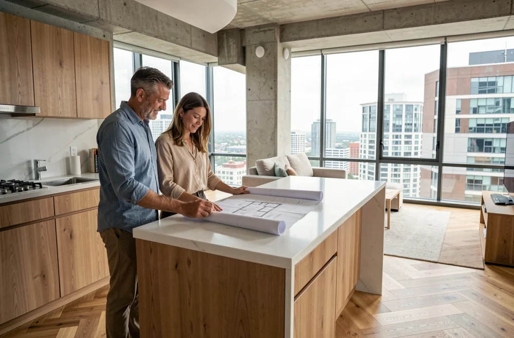 Couple examinant des plans architecturaux dans un appartement rénové moderne avec vue sur la ville pour un investissement immobilier