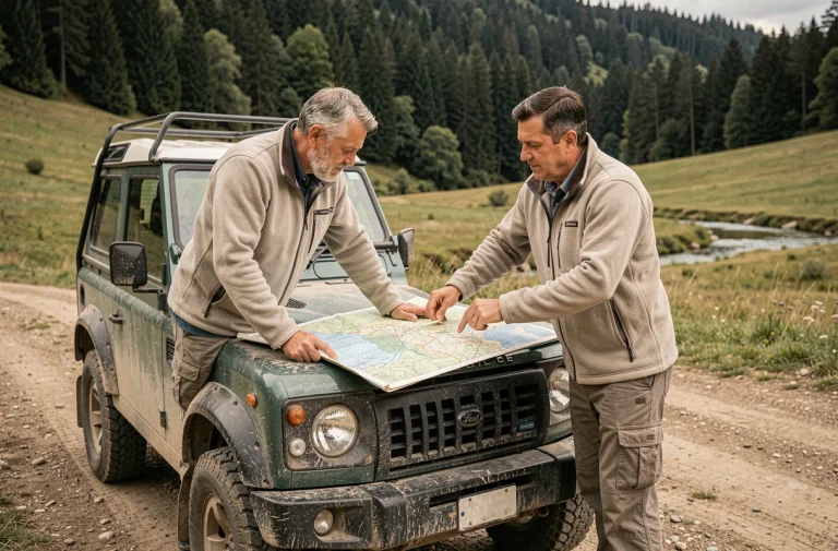 Un couple examine une carte topographique appuyé sur un 4x4 pour choisir un terrain idéal en autonomie
