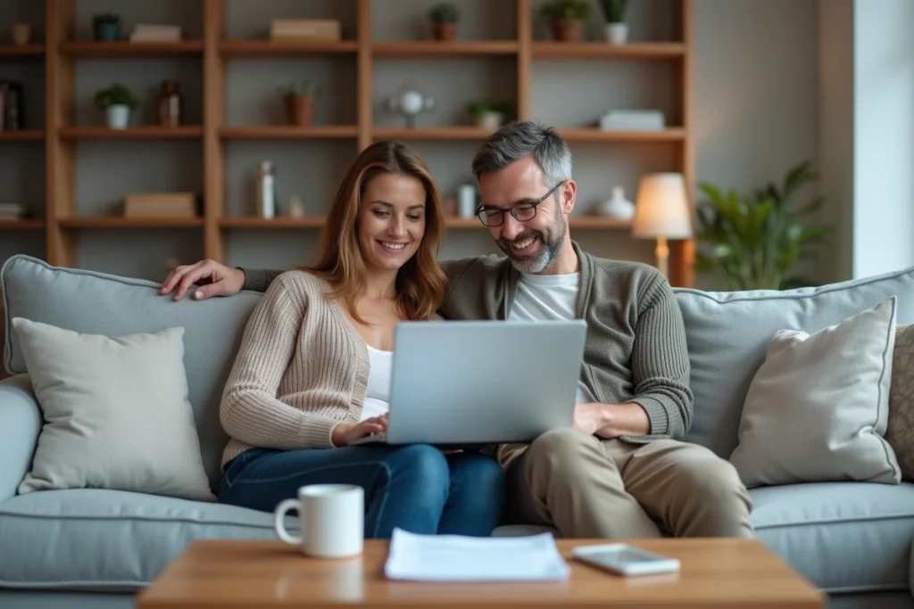 Couple cherchant l'adresse email de Cetelem sur un ordinateur portable pour une demande de crédit