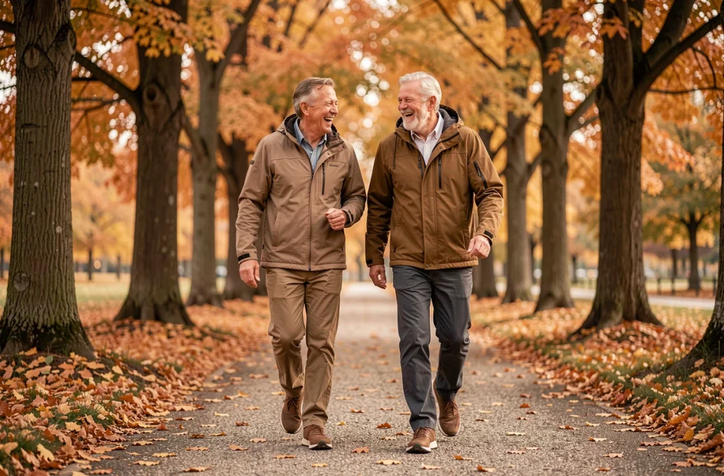 Couple de retraités actifs se promenant dans un parc en automne entouré de feuilles dorées
