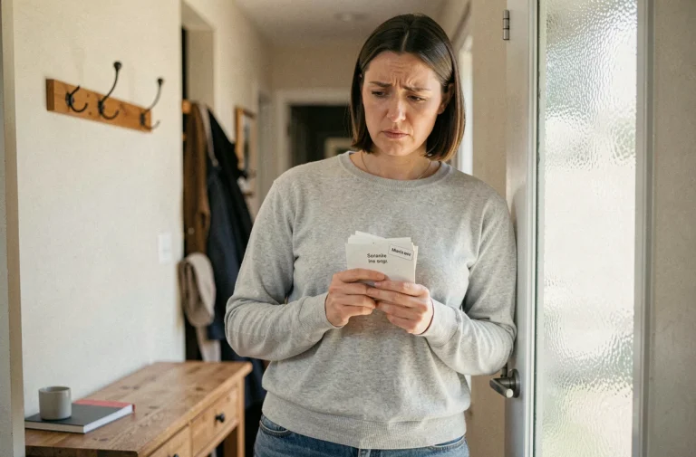 Femme tenant du courrier au nom d'un tiers devant sa porte d'entrée