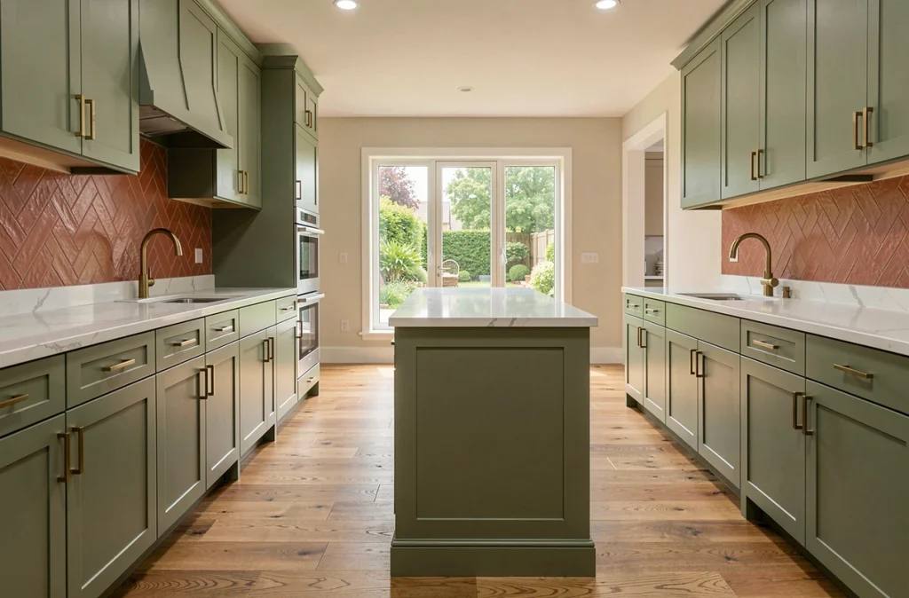 Cuisine moderne aux tons vert sauge avec plan de travail en quartz blanc et crédence en carrelage terracotta tendance 2025