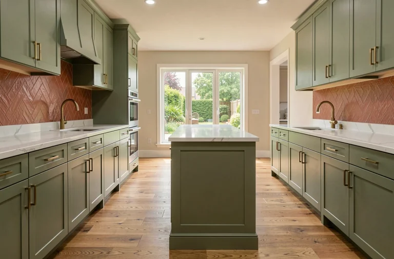 Cuisine moderne aux tons vert sauge avec plan de travail en quartz blanc et crédence en carrelage terracotta tendance 2025
