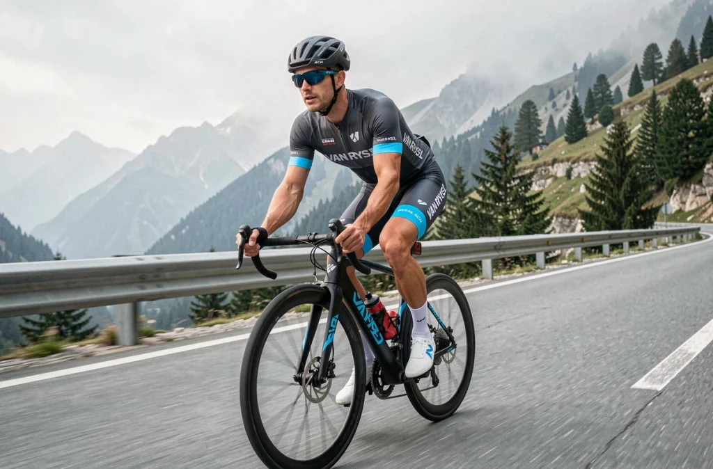 Cycliste sur Van Rysel RCR équipé SRAM en plein effort sur une route de col de montagne