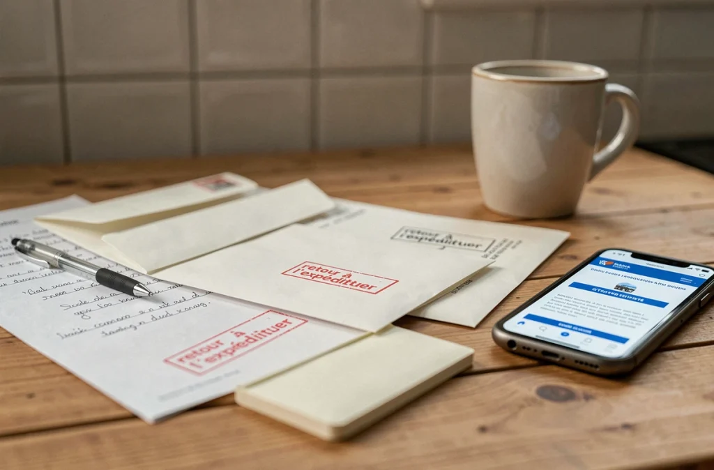 Enveloppes de courrier indésirable sur une table avec notes et démarches de retour à l'expéditeur