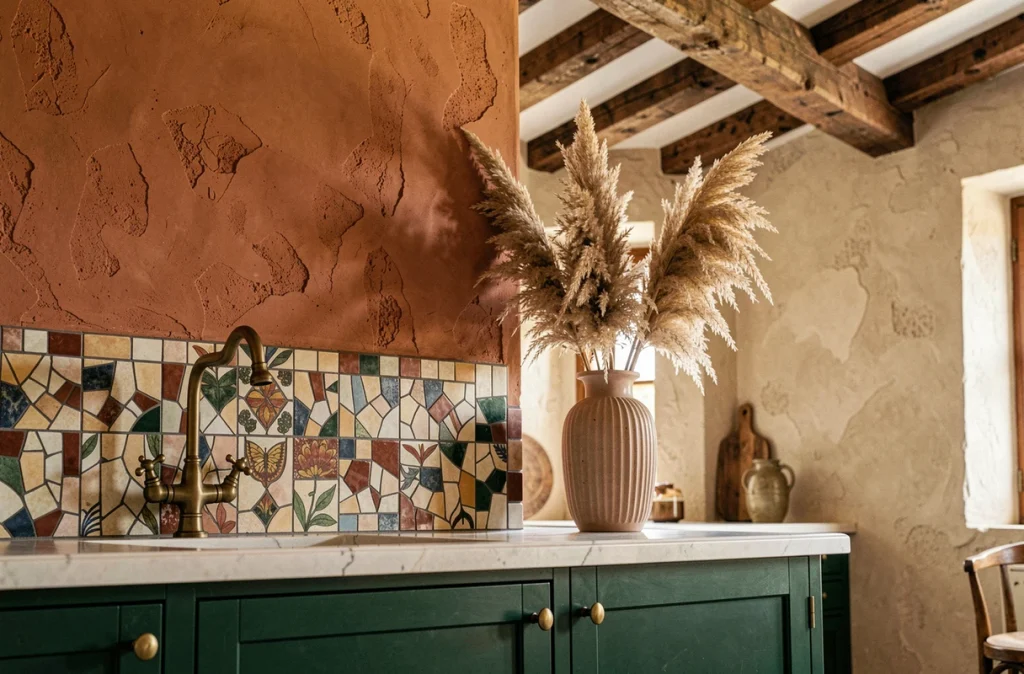 Détail de cuisine tendance 2025 avec mur terracotta, placards vert forêt et robinetterie laiton dans un style maison de campagne rénovée