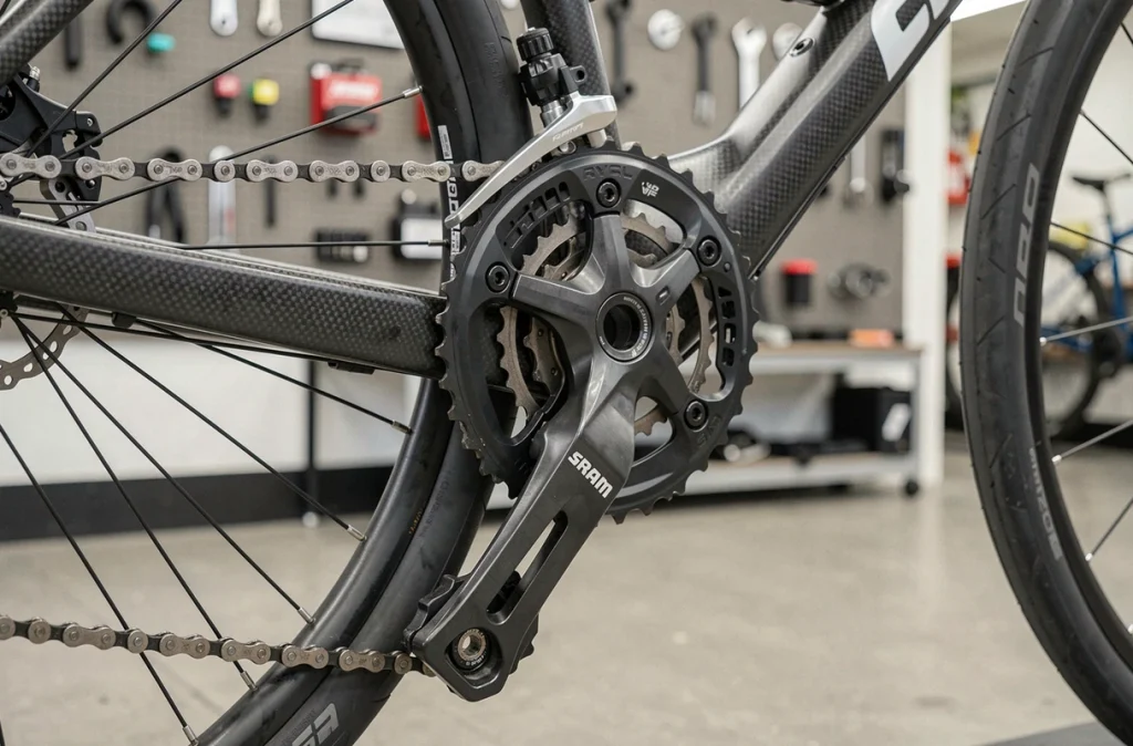 Gros plan sur le dérailleur SRAM et la cassette du Van Rysel RCR dans un atelier vélo moderne