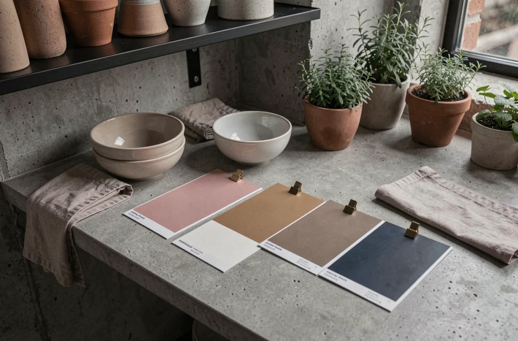 Échantillons de couleurs tendance 2025 pour cuisine, rose poudré, taupe chaud et bleu marine, posés sur un plan de travail en béton