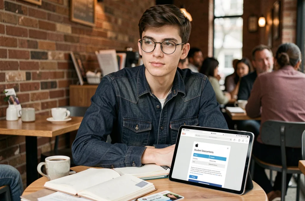 Étudiant consultant la page de réduction Apple Education sur un iPad dans un café