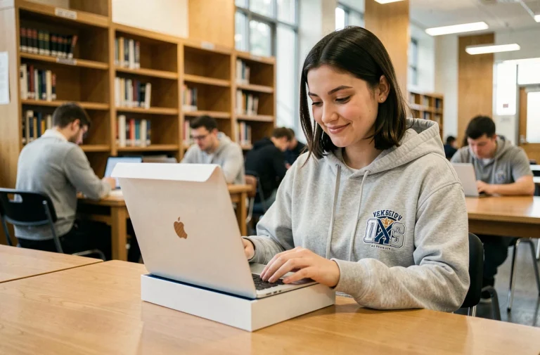 Étudiante déballant un MacBook Air dans une bibliothèque universitaire grâce à la réduction Apple Education