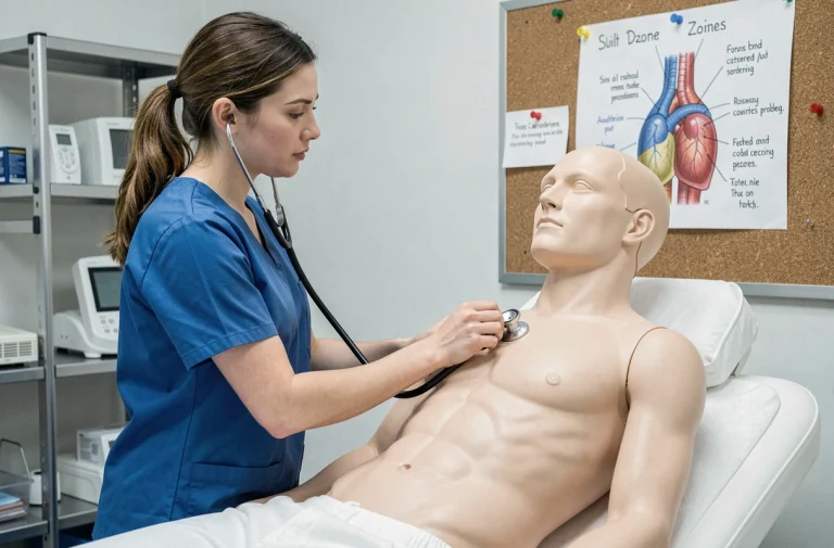 Étudiante en médecine pratiquant l'auscultation cardiaque sur un mannequin avec stéthoscope dans une salle de formation médicale