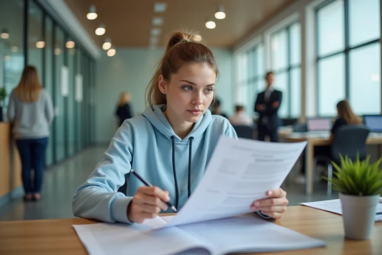 Étudiante en train de signer des documents pour un prêt étudiant à taux zéro dans une agence bancaire moderne