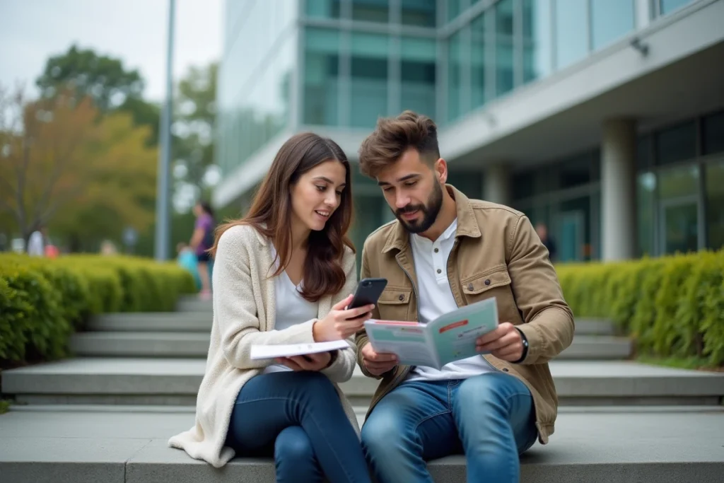 Deux étudiants comparant des offres de prêt étudiant à taux zéro sur smartphone devant un campus universitaire
