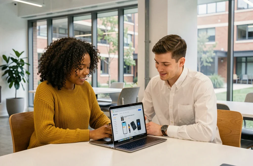 Deux étudiants comparant des produits Apple avec la réduction Education sur un campus moderne