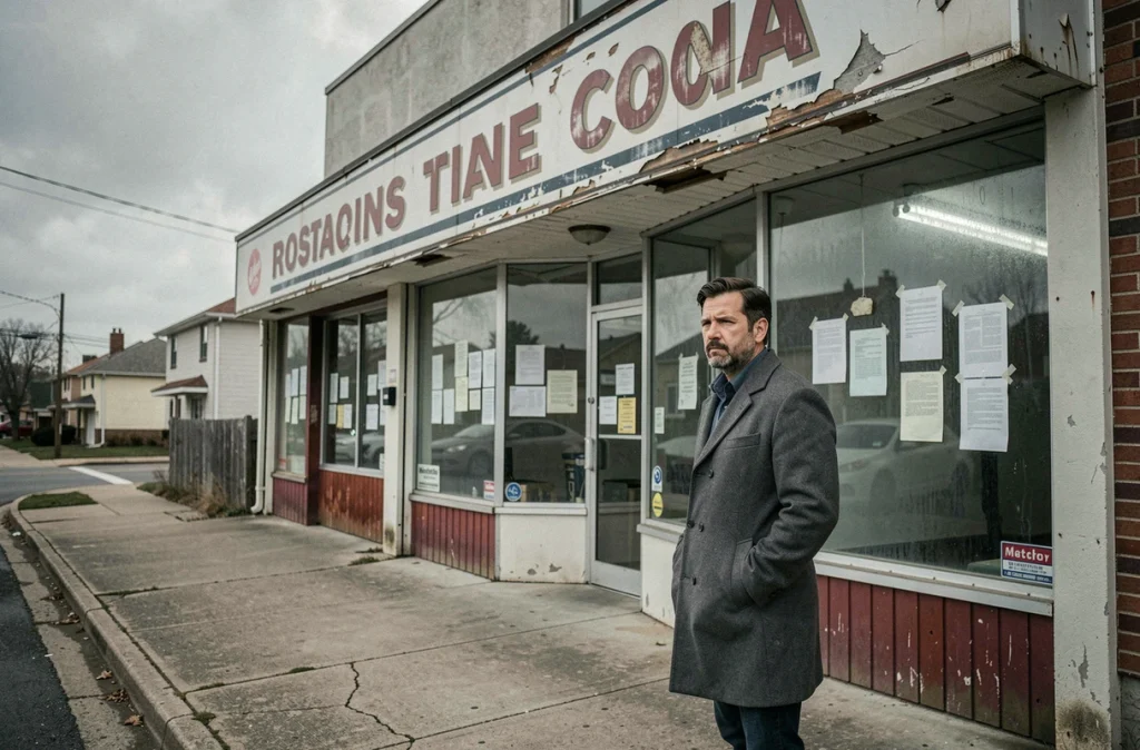 Façade abandonnée d'une ancienne chaîne de restaurants française avec un homme nostalgique devant la vitrine fermée, ambiance mélancolique et documentaire
