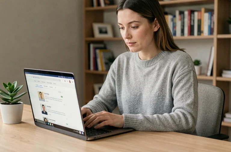 Femme utilisant une solution informatique sur un ordinateur portable dans un bureau à domicile moderne et minimaliste