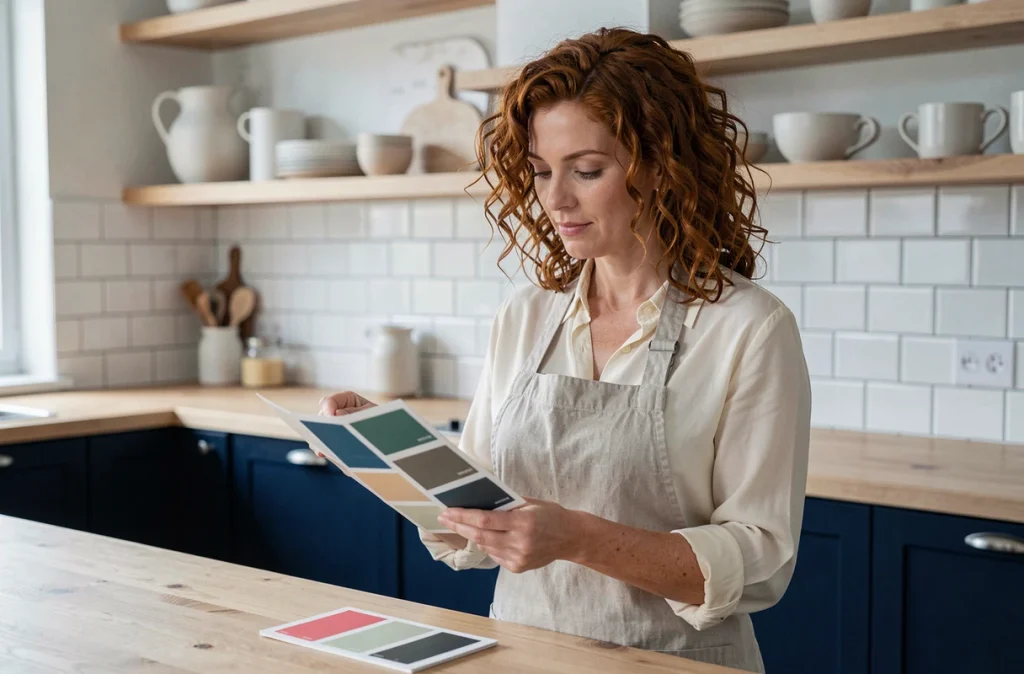 Femme choisissant des couleurs tendance pour sa cuisine en 2025 devant des placards bleu marine de style scandinave