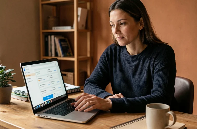 Femme utilisant un gestionnaire de mots de passe sur son ordinateur portable dans un bureau à domicile pour sécuriser ses données numériques
