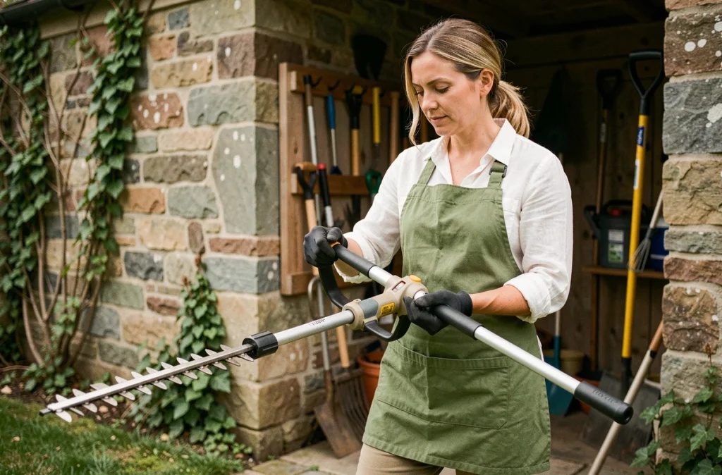 Femme inspectant les caractéristiques d'un taille-haie télescopique avant utilisation dans son jardin