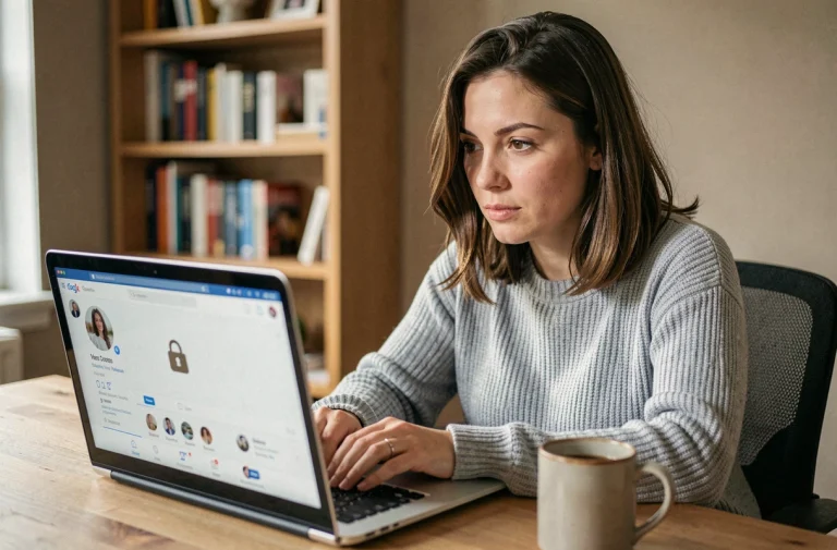 Femme cherchant un profil bloqué sur Facebook depuis son ordinateur portable à son bureau à domicile