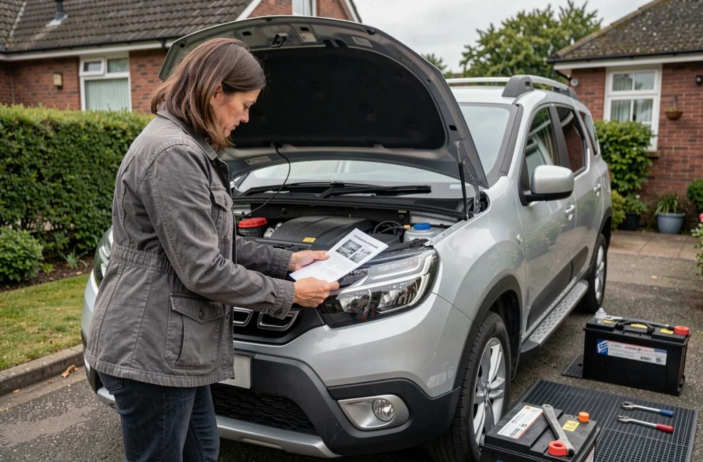 Femme consultant des instructions pour remplacer la batterie de sa Dacia Jogger dans une allée de maison individuelle