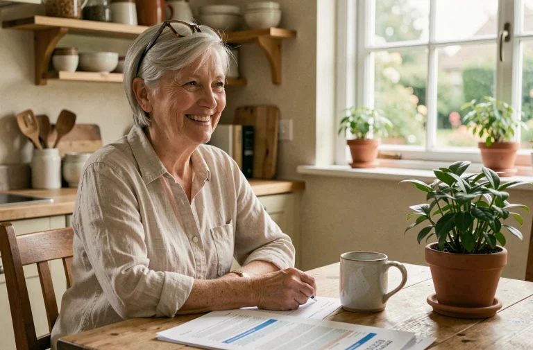 Femme retraitée souriante planifiant sa retraite à la table de cuisine avec des documents financiers et un café