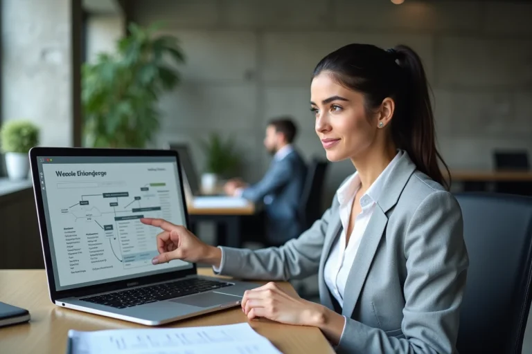 Une femme professionnelle pointant un sitemap de site web sur un écran d'ordinateur portable dans un bureau moderne