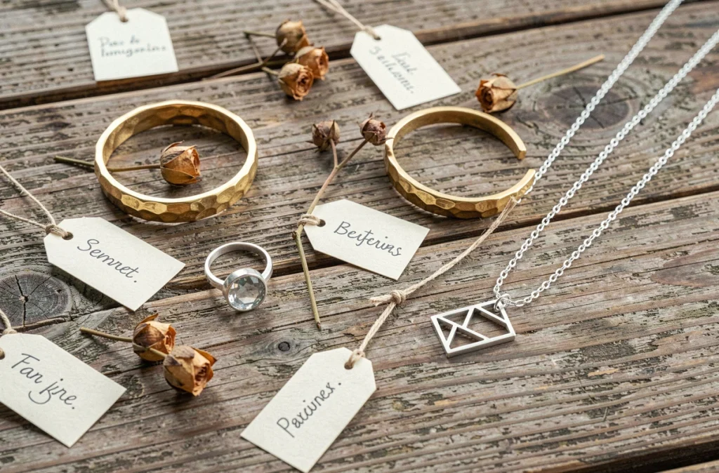 Flatlay de bijoux artisanaux de la boutique Baya Bordeaux sur bois brut avec bague argent, bracelet or et collier géométrique
