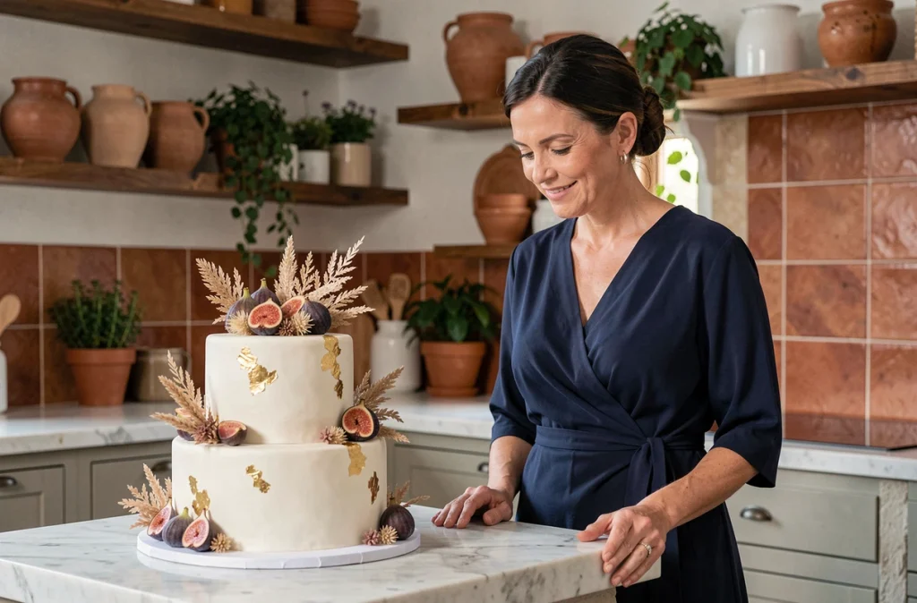 Femme adulte souriante devant un gâteau d'anniversaire élaboré décoré de fleurs séchées et feuilles d'or dans une cuisine artisanale