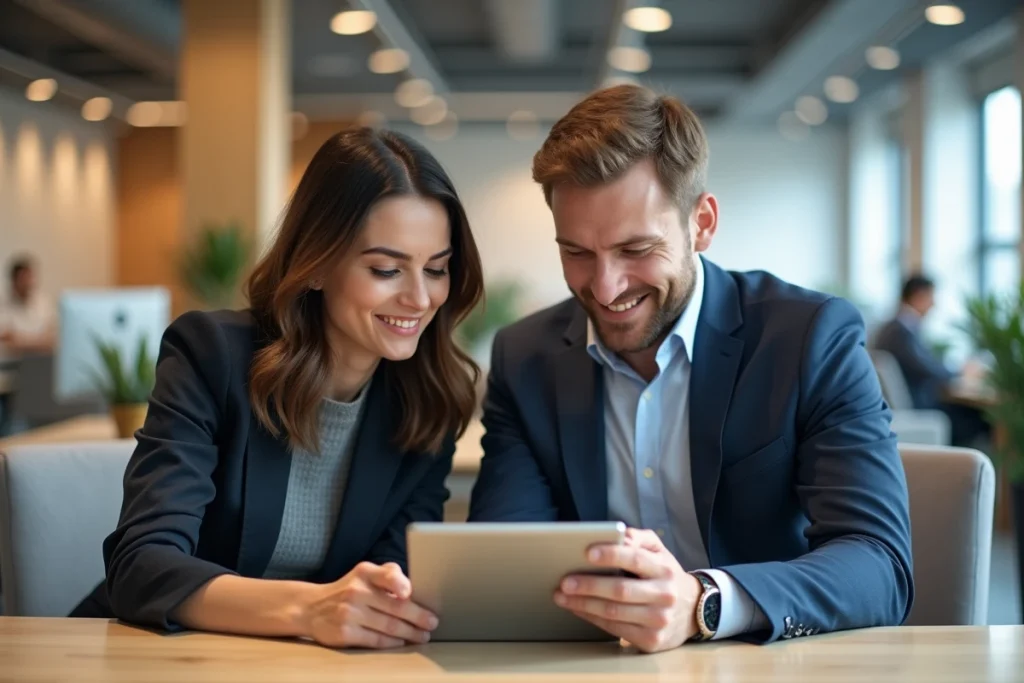 Deux collègues consultant ensemble un compte Merci Victor sur une tablette dans un espace de travail moderne