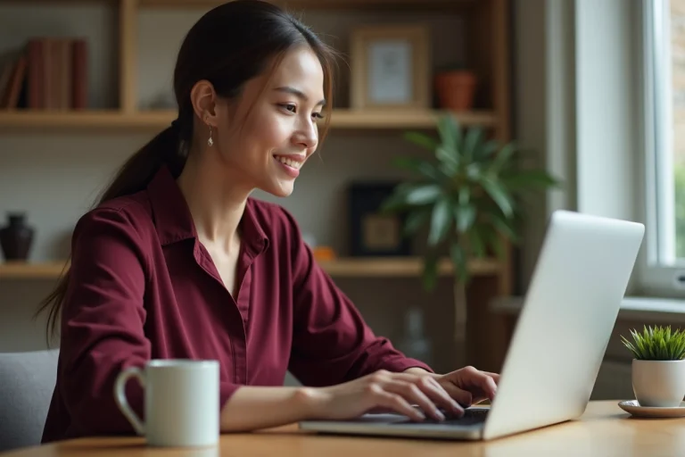 Femme gérant son compte Merci Victor sur un ordinateur portable dans un bureau à domicile