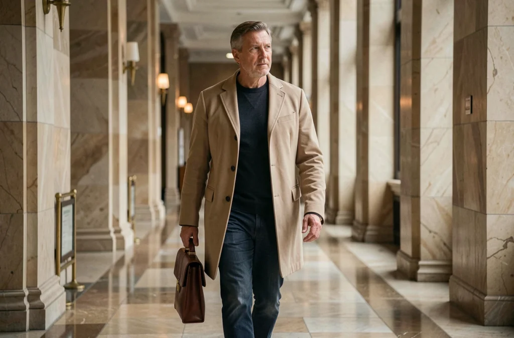 Homme d'affaires marchant dans un couloir de bâtiment financier prestigieux portant une mallette en cuir, illustrant réussite et parcours professionnel