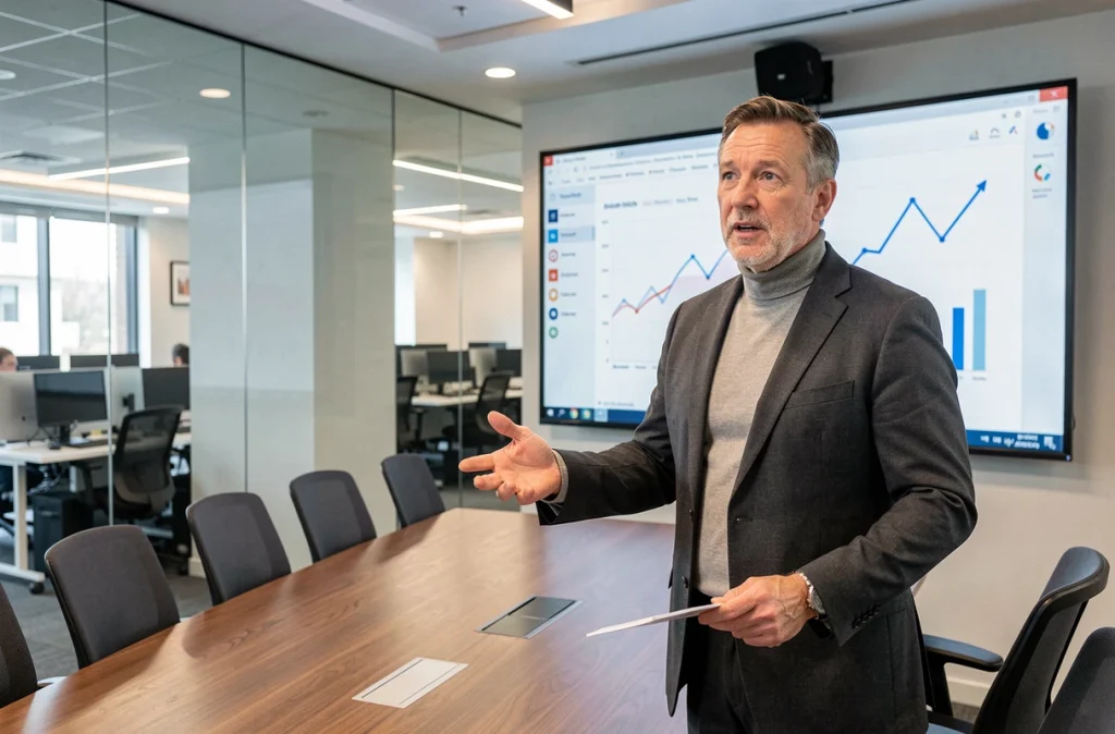 Homme d'affaires présentant des graphiques financiers lors d'une réunion professionnelle dans une salle de conférence moderne