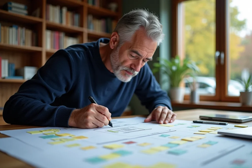 Un homme analysant des diagrammes d'architecture de site web et de sitemap imprimés sur une table en bois