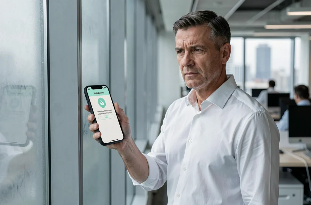Homme vérifiant une authentification à deux facteurs sur son smartphone dans un bureau professionnel pour protéger ses comptes en ligne