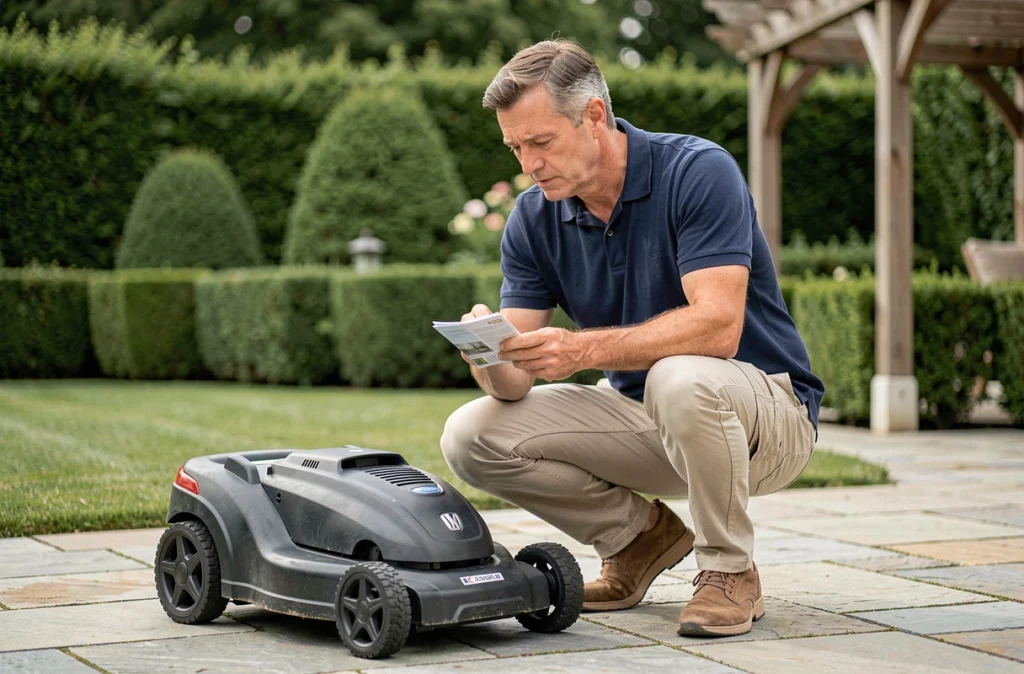 Homme comparant les modèles de robots tondeuses avant un achat dans son jardin